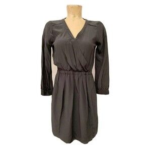 Madewell Dress Size 0 37" Gray 100% Silk Long Sleeve V Neck A Line Shirt Dress